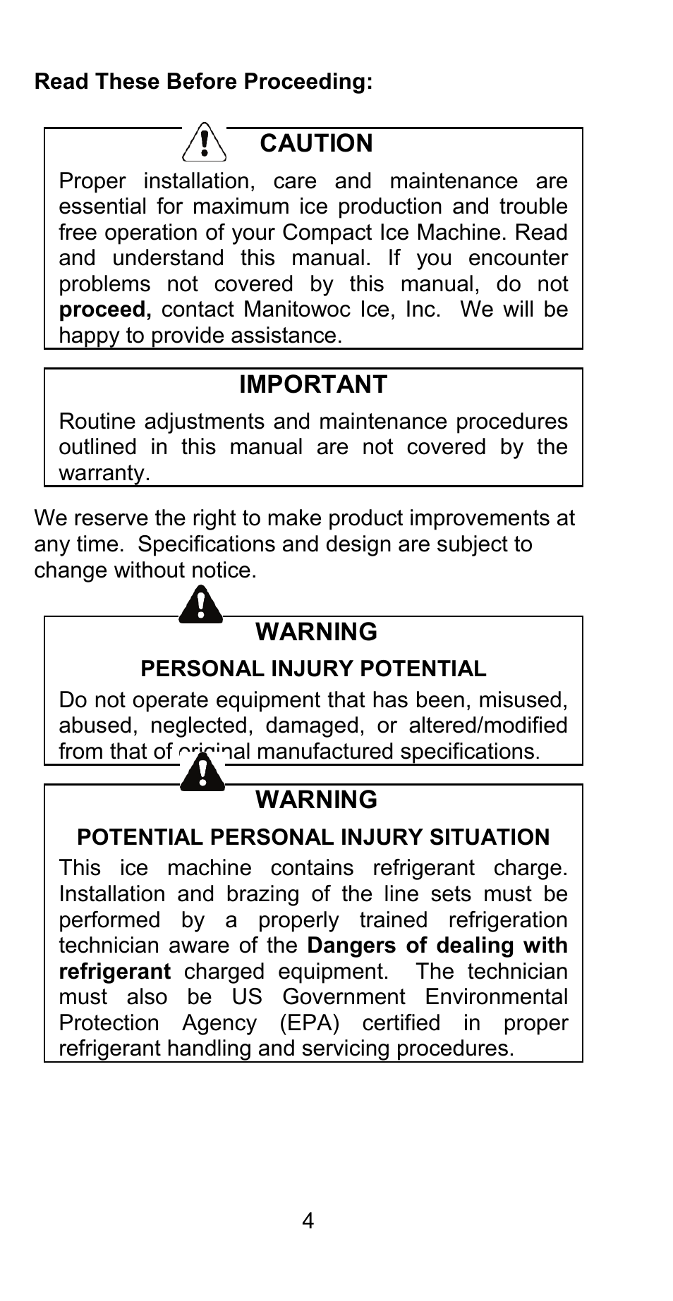 Caution, Important, Warning | 4 read these before proceeding | Manitowoc Ice CM MODEL STH003 User Manual | Page 4 / 88