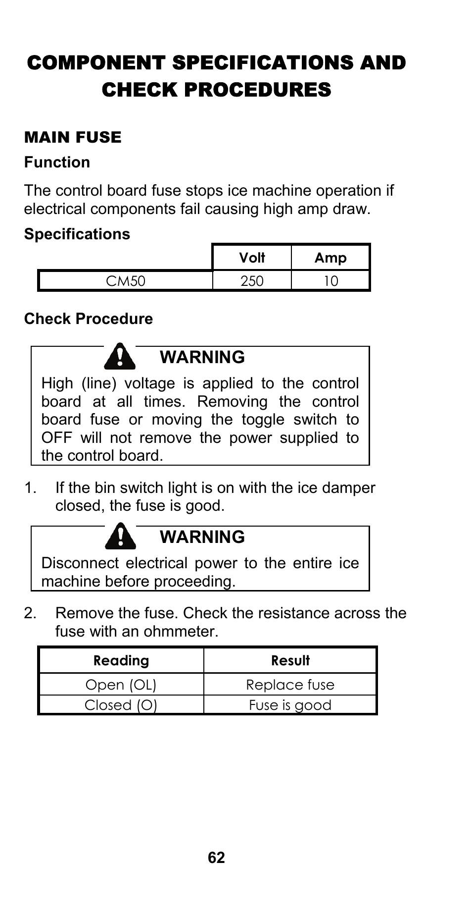 Component specifications and check procedures, Warning, Check procedure | Manitowoc Ice CM MODEL STH003 User Manual | Page 62 / 88