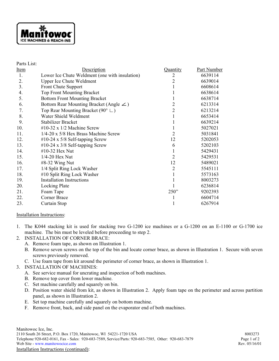 Manitowoc Ice K00044 User Manual | 2 pages