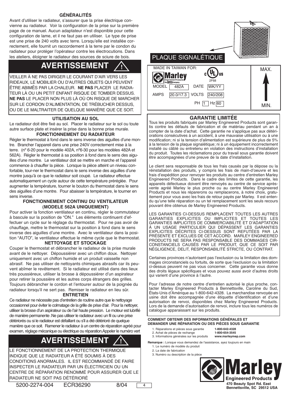 Avertissement, Plaque signalétique | Marley Engineered Products 562A User Manual | Page 4 / 6