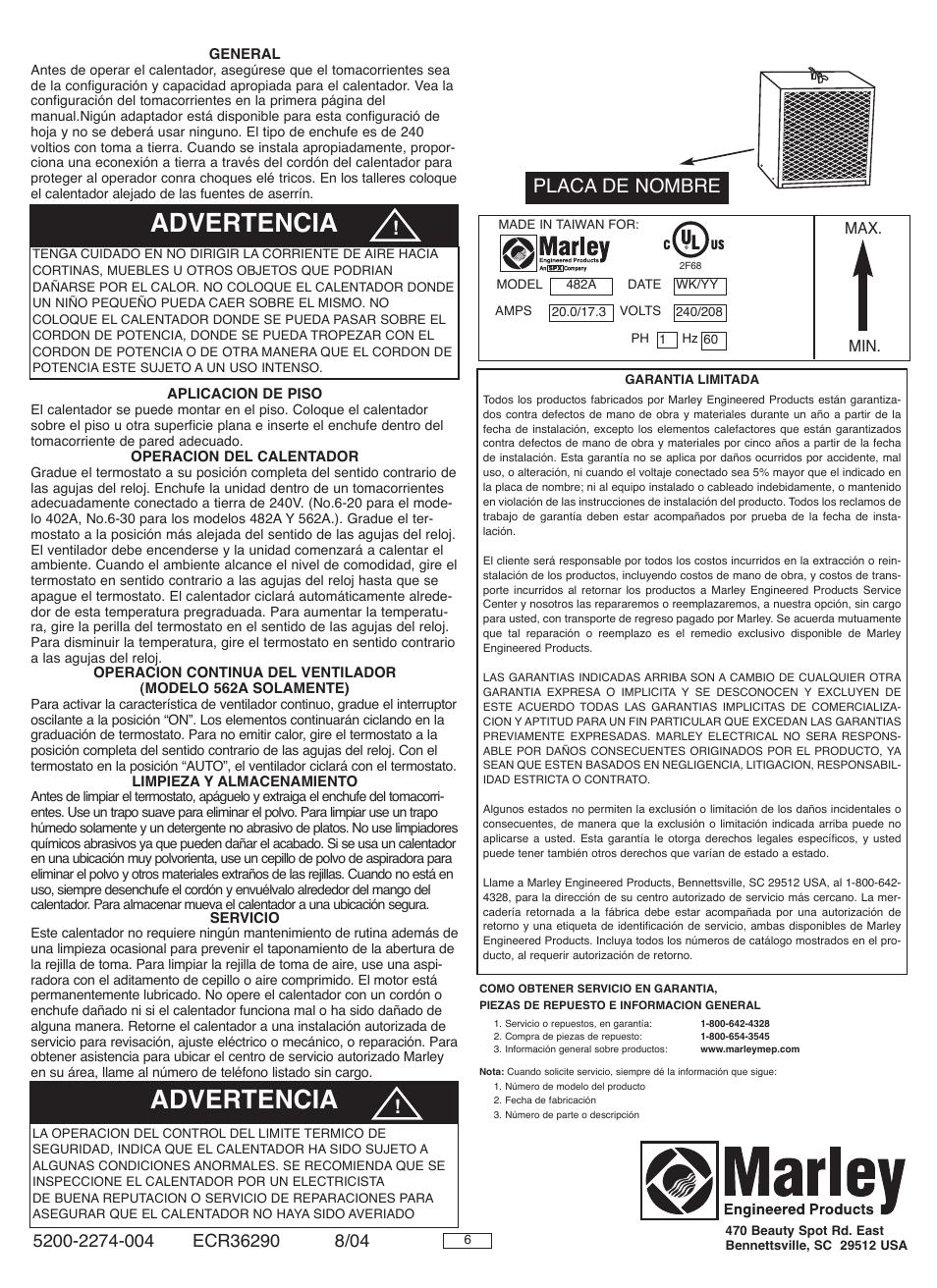 Advertencia, Placa de nombre | Marley Engineered Products 562A User Manual | Page 6 / 6