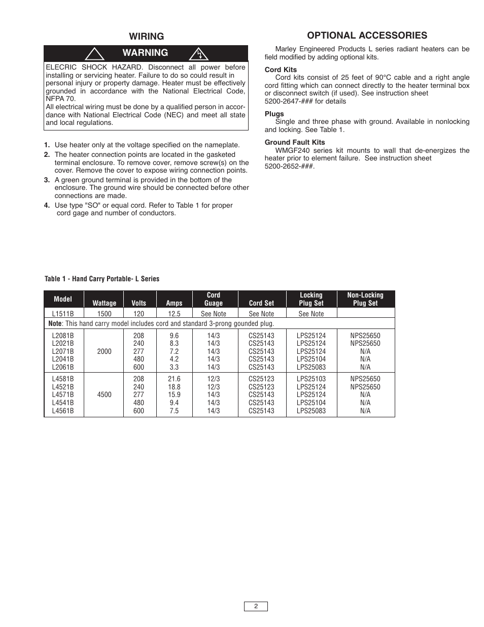 Wiring, Optional accessories, Warning | Marley Engineered Products L SERIES User Manual | Page 2 / 4