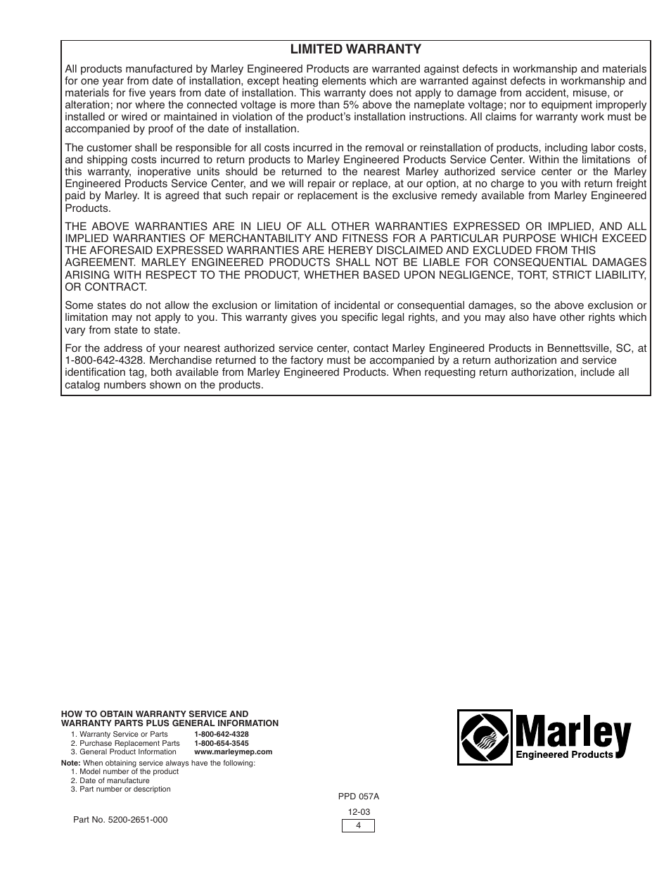 Limited warranty | Marley Engineered Products L SERIES User Manual | Page 4 / 4