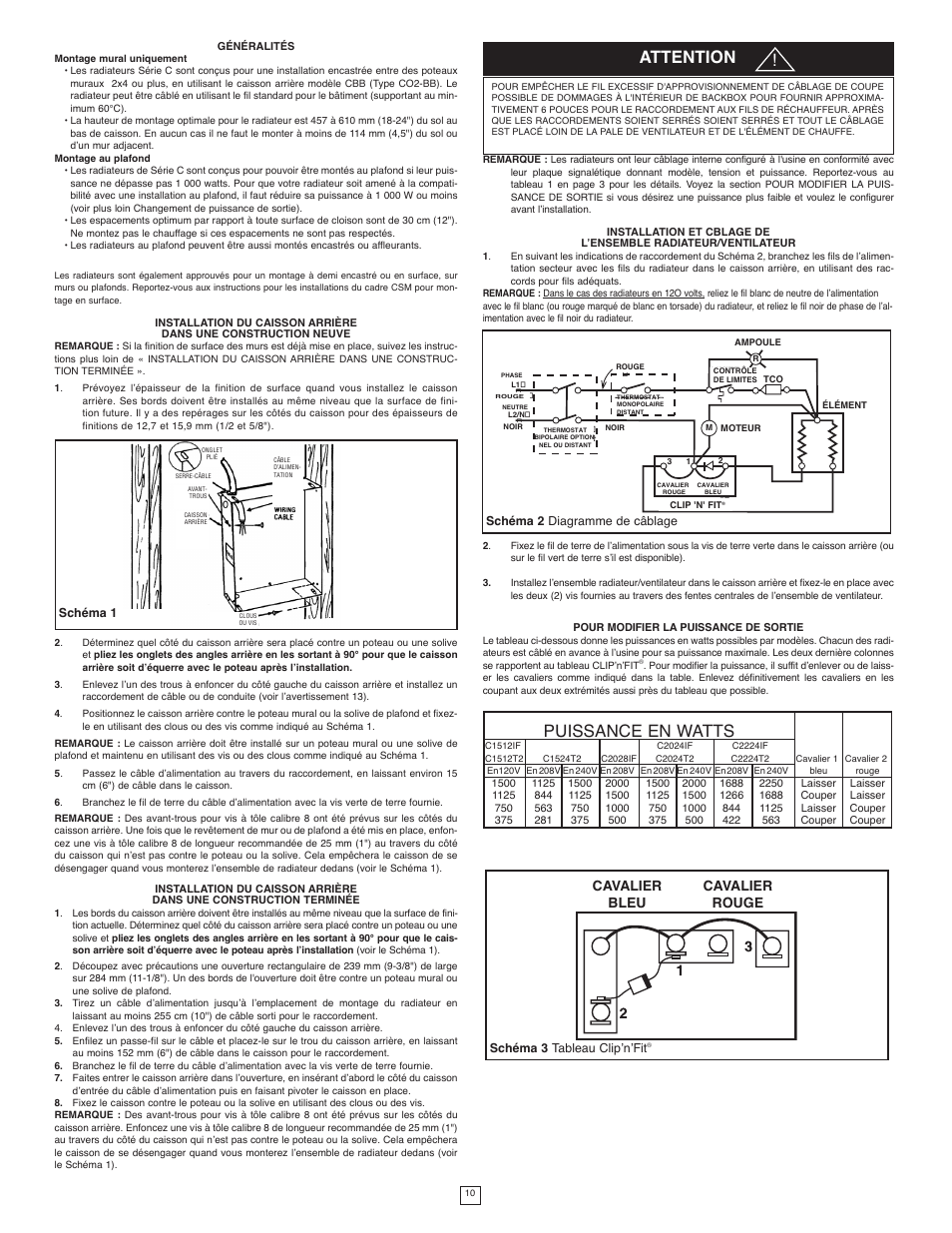 Attention, Puissance en watts, Cavalier | Cavalier bleu rouge | Marley Engineered Products B User Manual | Page 10 / 12
