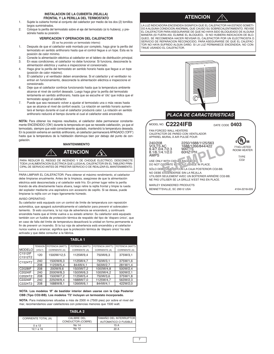 Ejemplo, C2224ifb, Atencion | Placa de caracteristicas | Marley Engineered Products B User Manual | Page 7 / 12