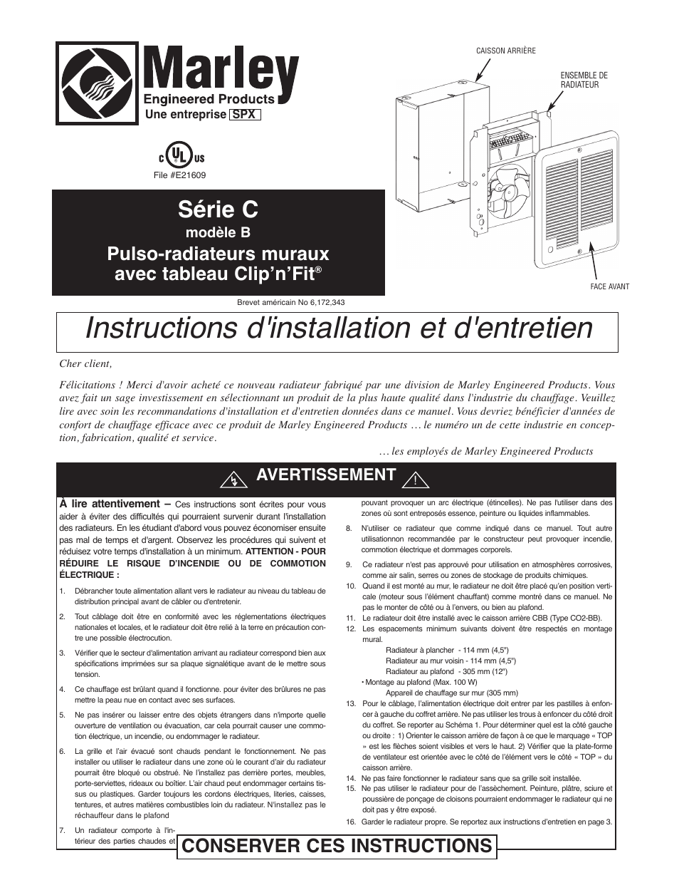 Instructions d'installation et d'entretien, Série c, Pulso-radiateurs muraux avec tableau clip’n’fit | Conserver ces instructions, Avertissement, Modèle b, Une entreprise spx | Marley Engineered Products B User Manual | Page 9 / 12