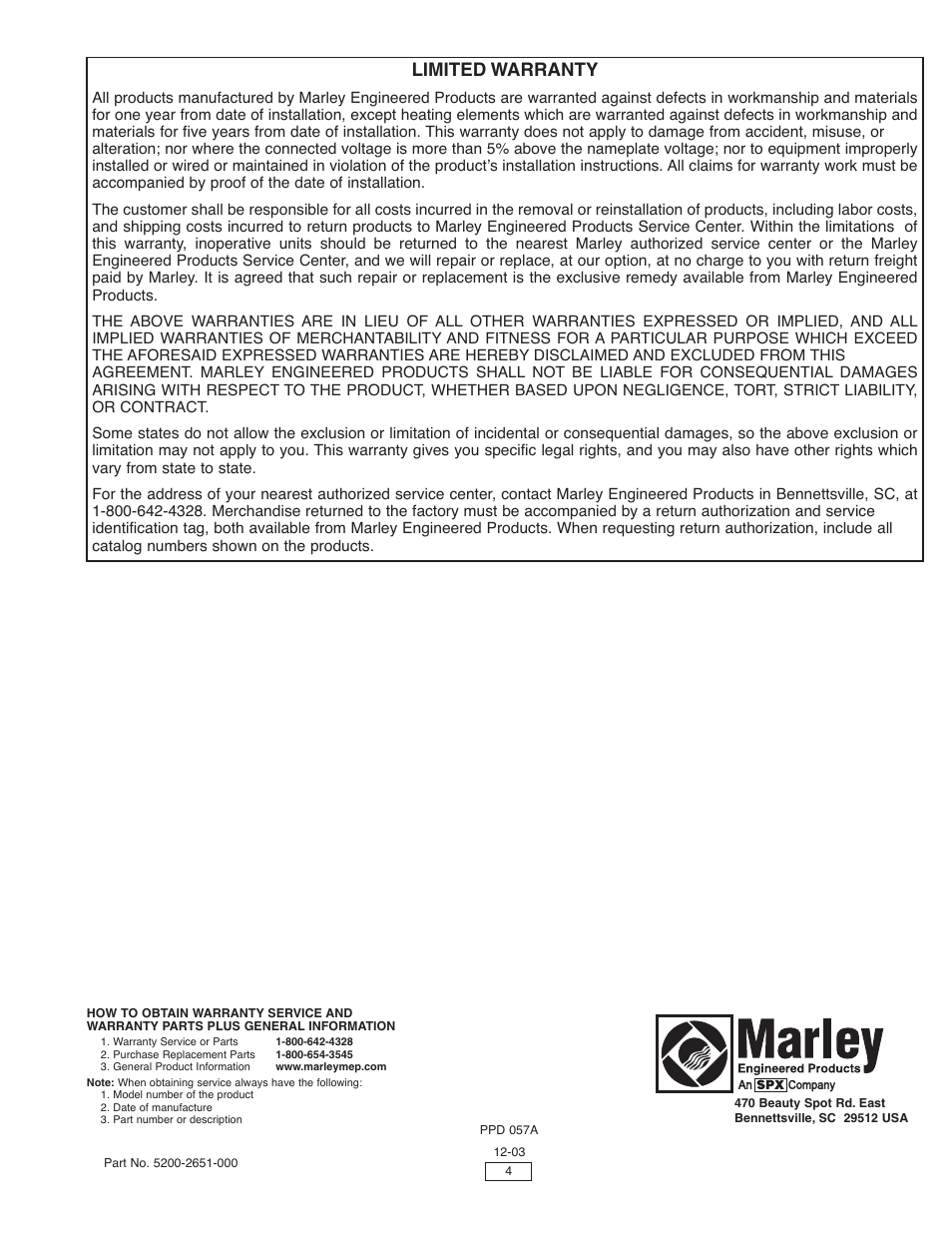 Limited warranty | Marley Engineered Products WMGF480 User Manual | Page 4 / 4