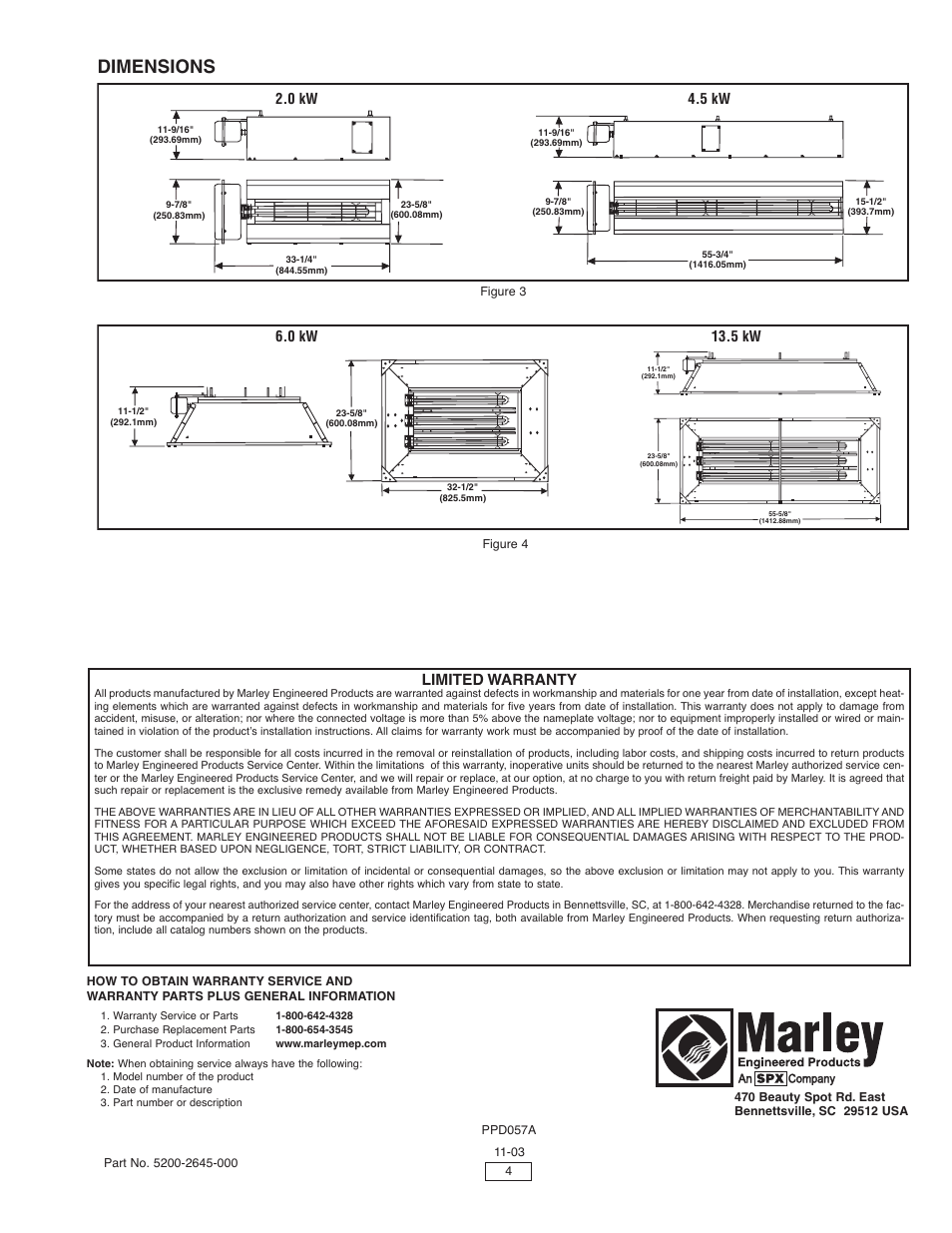 Dimensions, Limited warranty | Marley Engineered Products M Series User Manual | Page 4 / 4