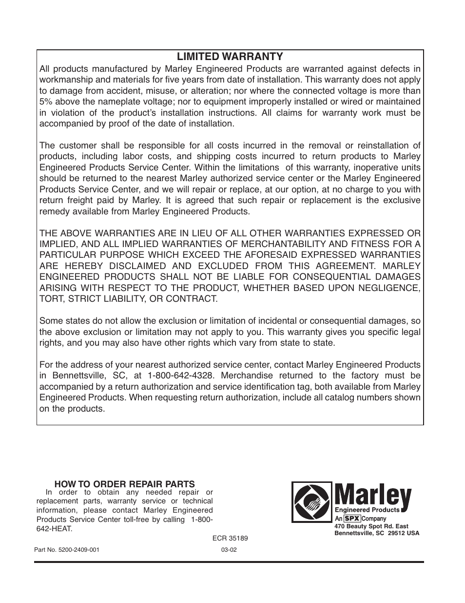 Limited warranty | Marley Engineered Products Environmental Series User Manual | Page 8 / 8