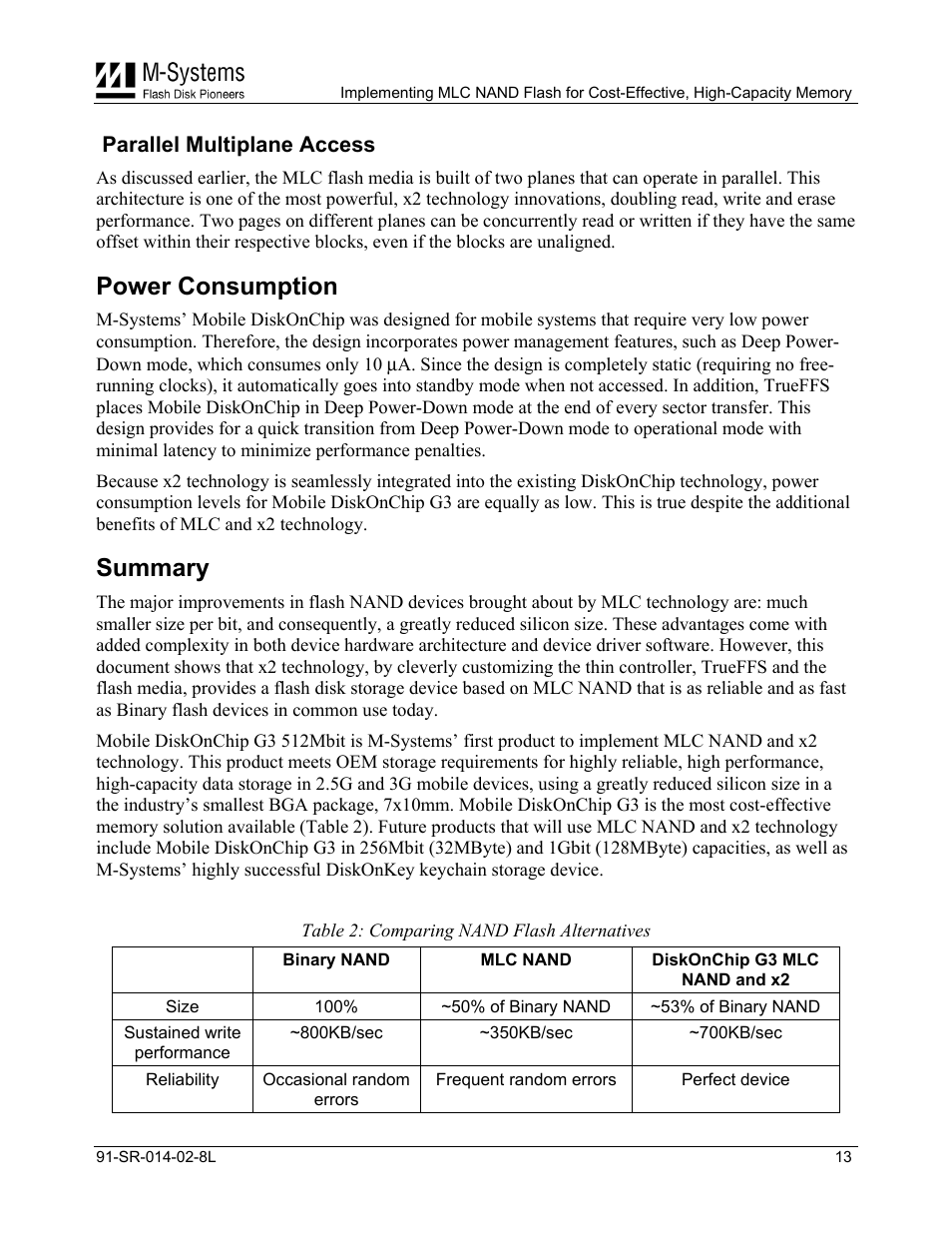 Parallel multiplane access, Power consumption, Summary | M-Systems Flash Disk Pioneers Flash Memory User Manual | Page 13 / 14