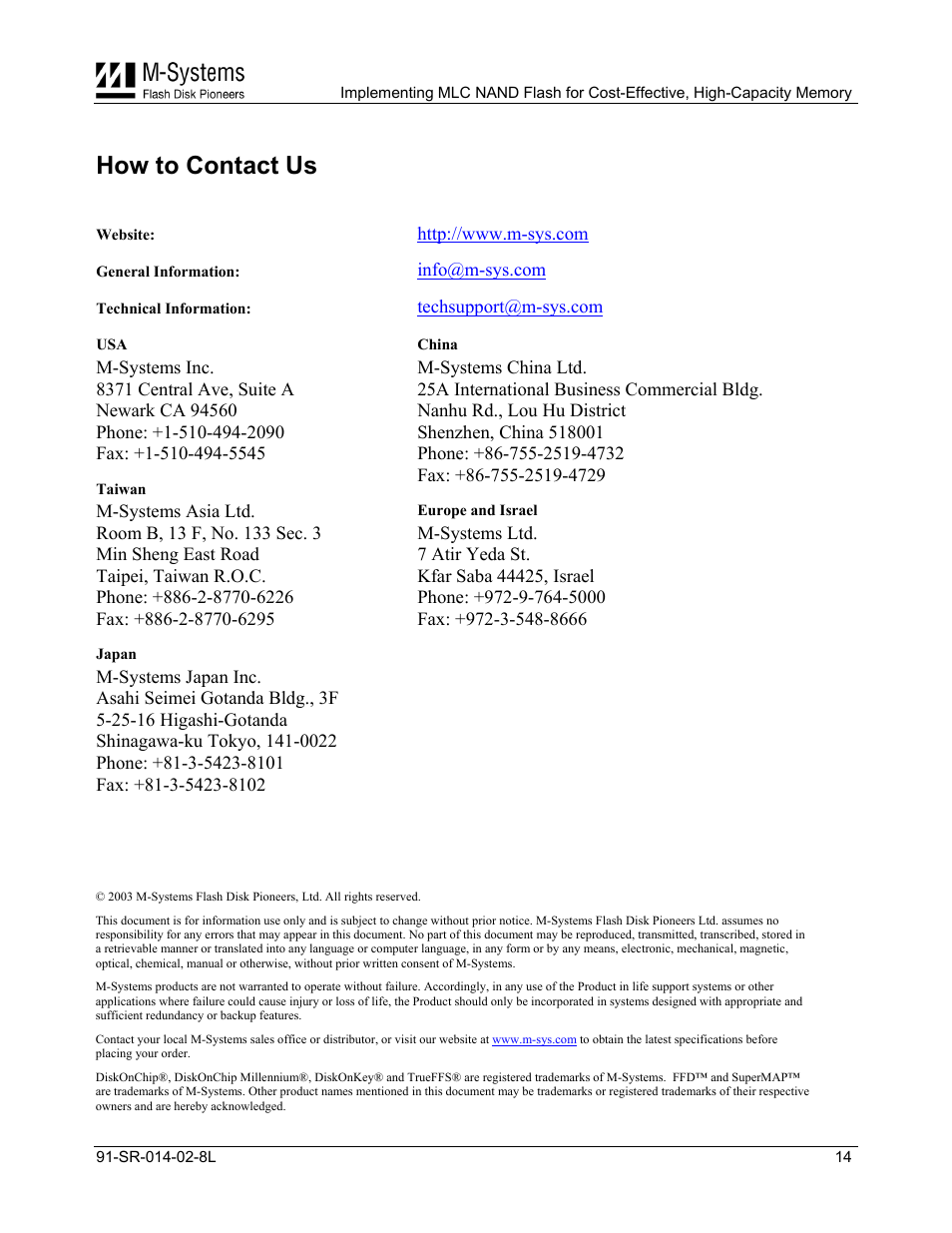 How to contact us | M-Systems Flash Disk Pioneers Flash Memory User Manual | Page 14 / 14