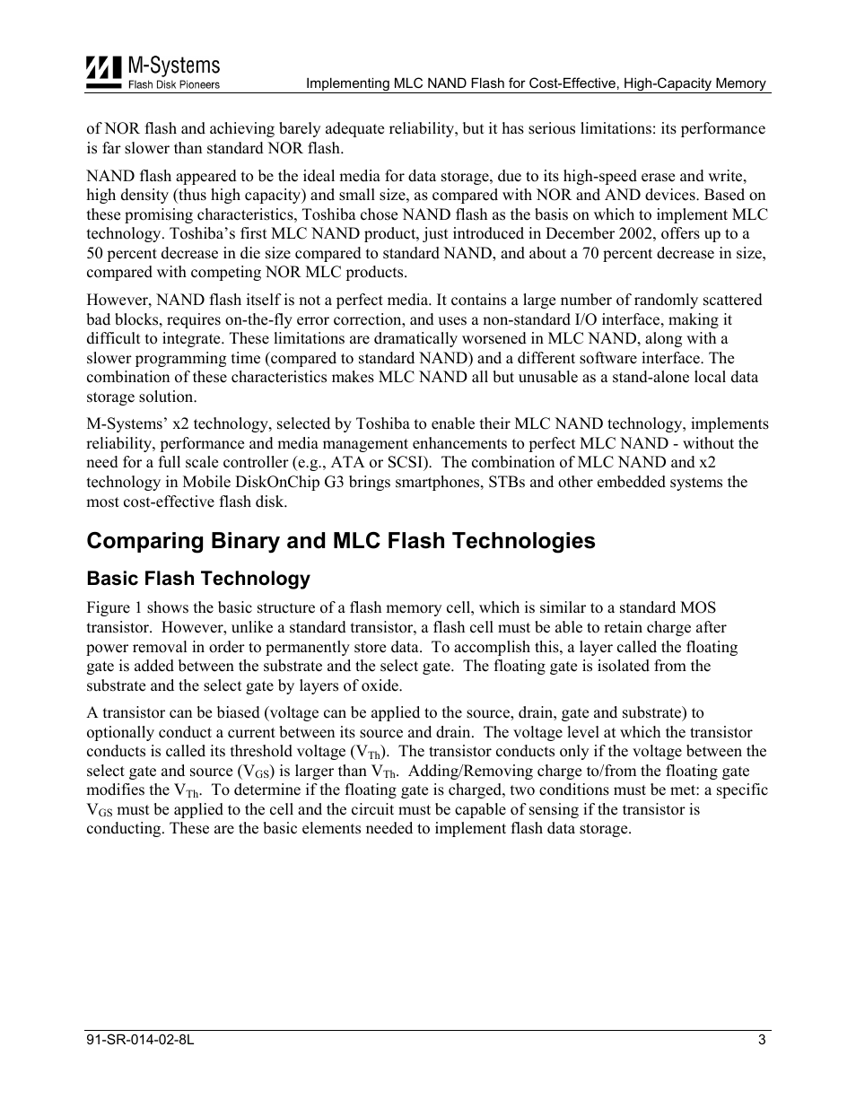 Comparing binary and mlc flash technologies, Basic flash technology | M-Systems Flash Disk Pioneers Flash Memory User Manual | Page 3 / 14