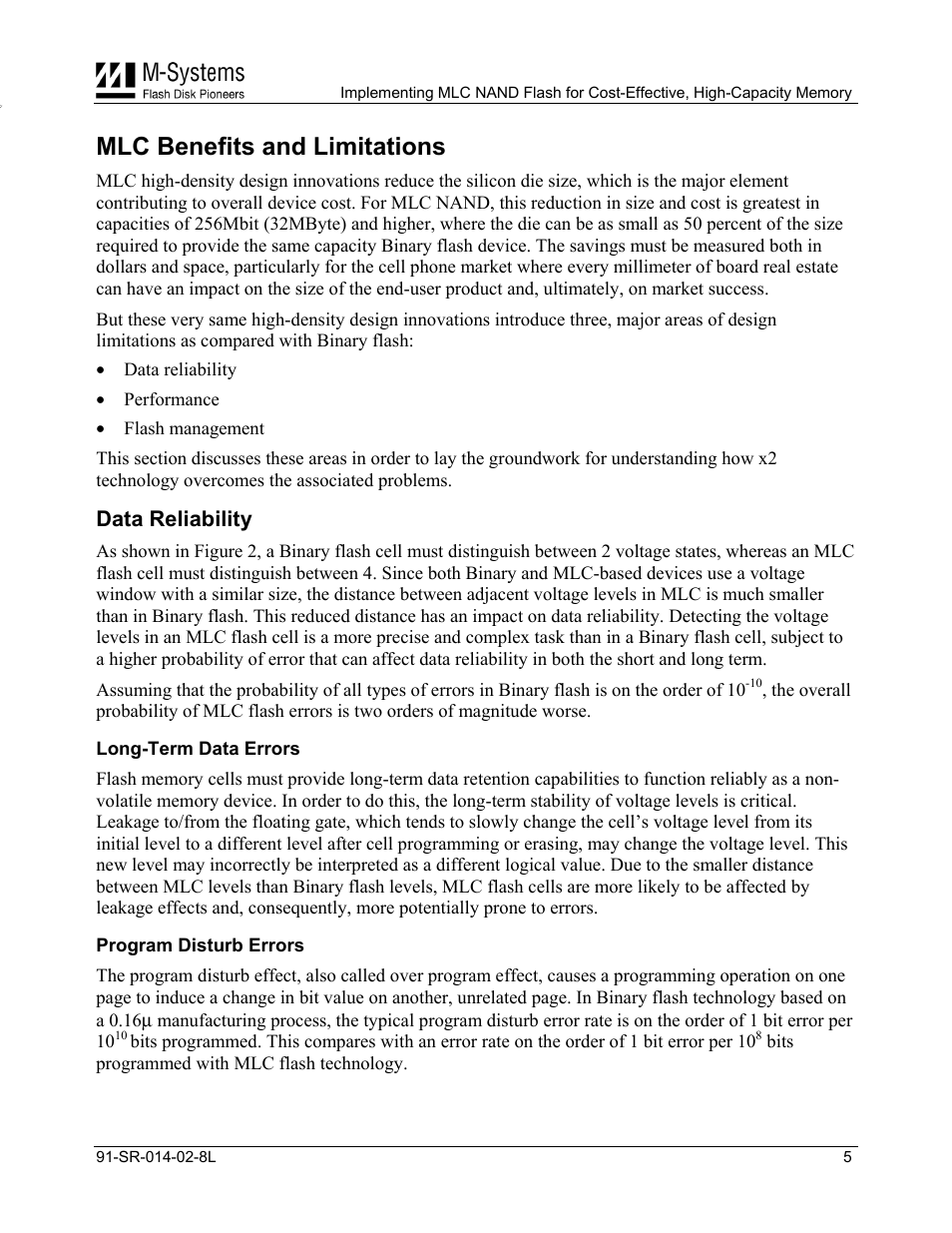 Mlc benefits and limitations, Data reliability, Long-term data errors | Program disturb errors | M-Systems Flash Disk Pioneers Flash Memory User Manual | Page 5 / 14