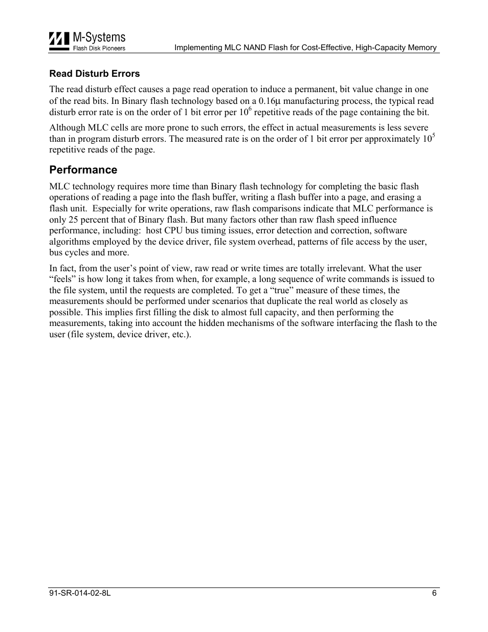 Read disturb errors, Performance | M-Systems Flash Disk Pioneers Flash Memory User Manual | Page 6 / 14