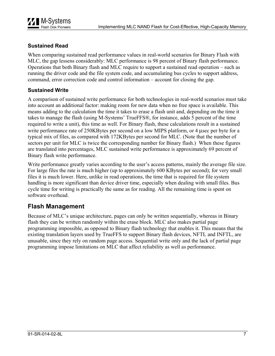 Sustained read, Sustained write, Flash management | M-Systems Flash Disk Pioneers Flash Memory User Manual | Page 7 / 14