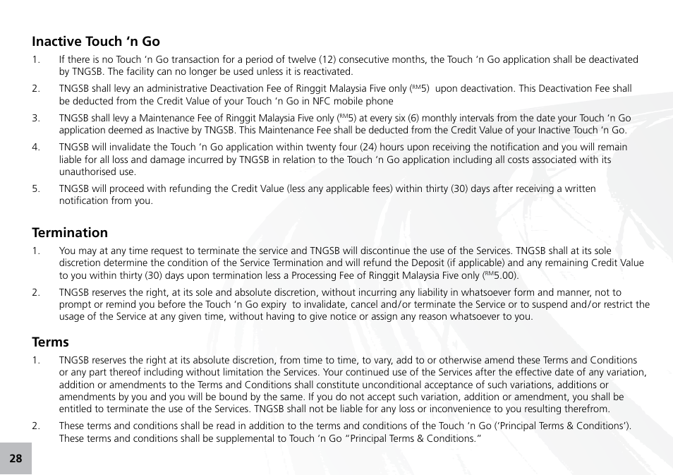 Inactive touch ‘n go, Termination, Terms | Maxis 73315-V User Manual | Page 30 / 32