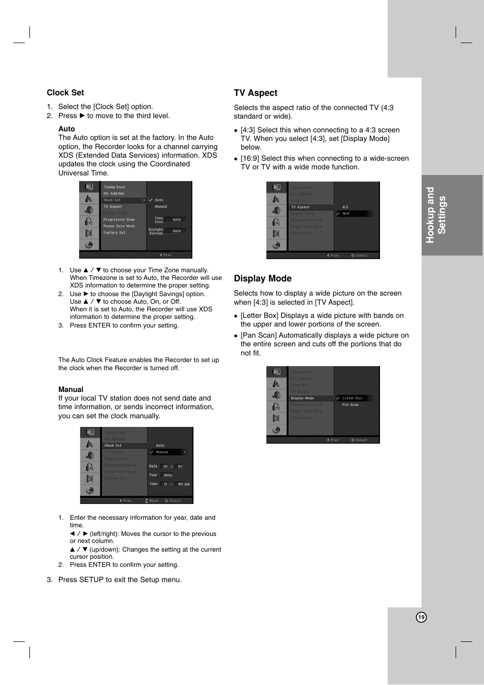Hookup and settings, Tv aspect, Display mode | Maxell ZRY-316 User Manual | Page 19 / 56