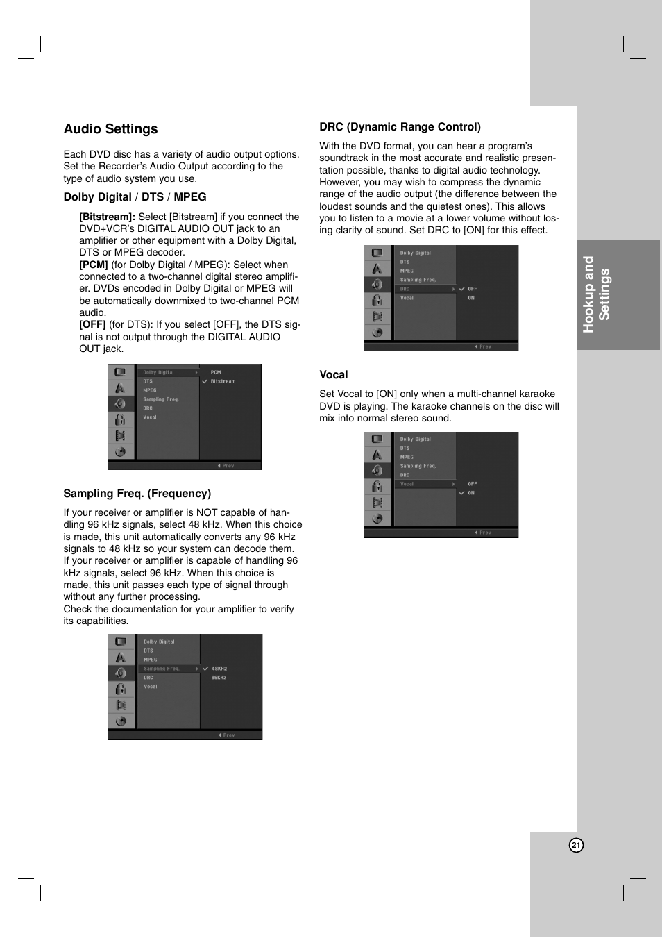 Audio settings, Hookup and settings | Maxell ZRY-316 User Manual | Page 21 / 56