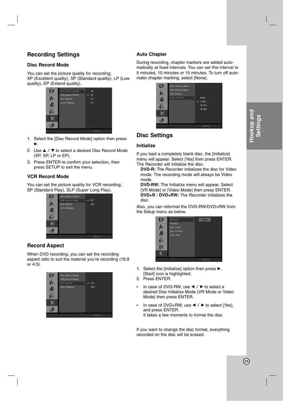 Recording settings, Disc settings, Hookup and settings | Maxell ZRY-316 User Manual | Page 23 / 56