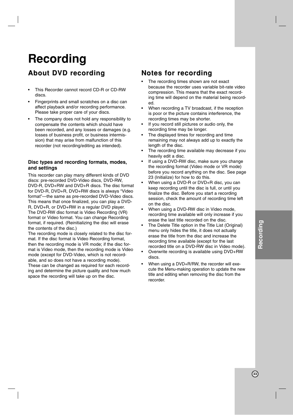 Recording, About dvd recording | Maxell ZRY-316 User Manual | Page 33 / 56