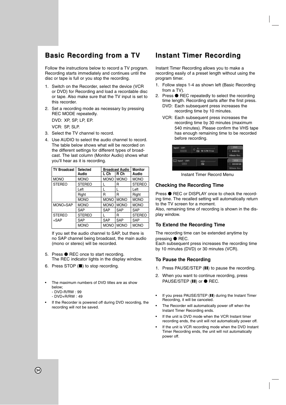 Basic recording from a tv, Instant t, Instant t imer recording imer recording | Maxell ZRY-316 User Manual | Page 34 / 56