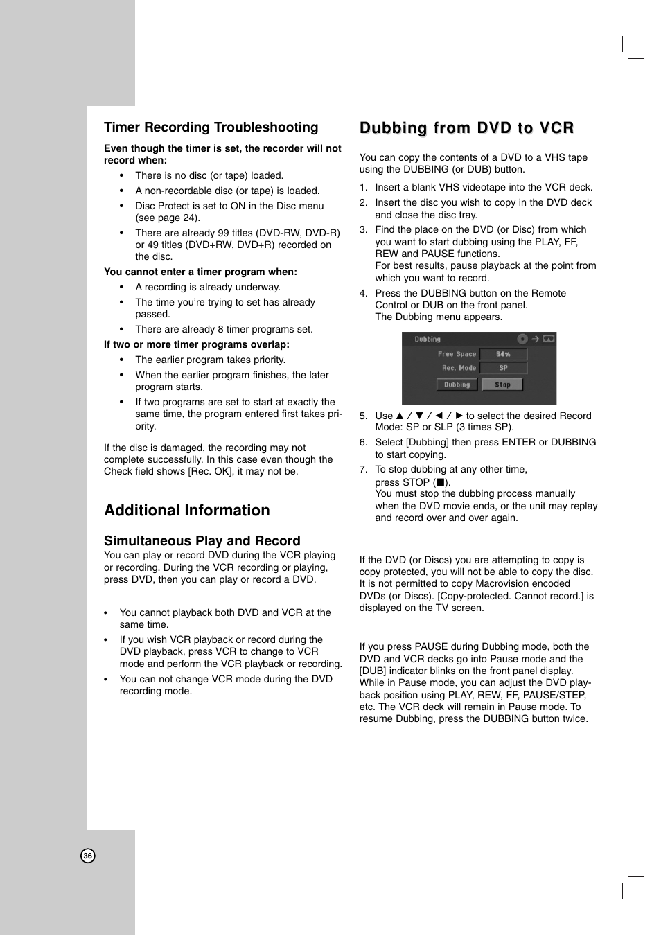 Additional information, Dubbing from dvd to vcr, Timer recording troubleshooting | Simultaneous play and record | Maxell ZRY-316 User Manual | Page 36 / 56