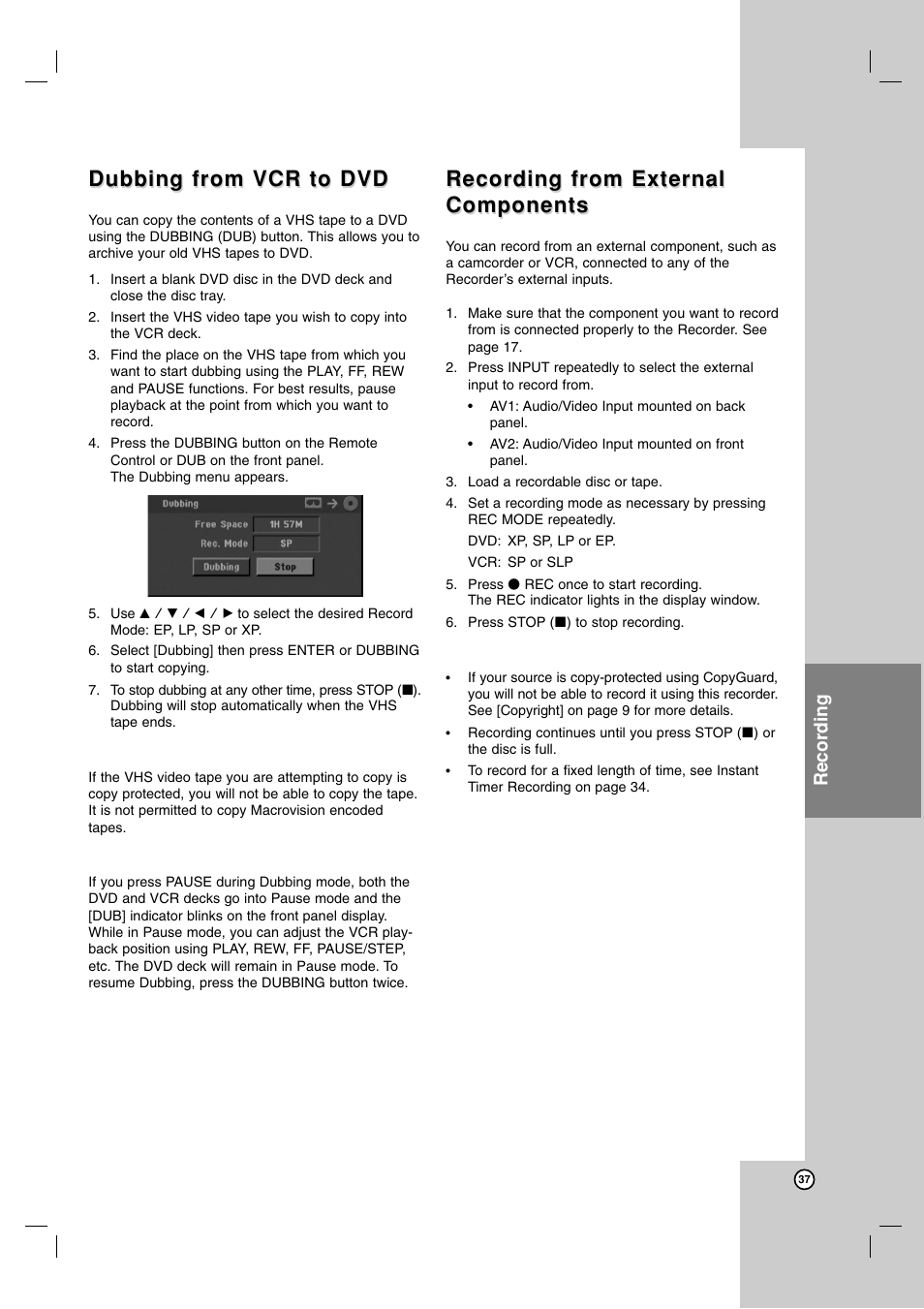 Dubbing from vcr to dvd, Recording from external, Recording from external components components | Recording | Maxell ZRY-316 User Manual | Page 37 / 56