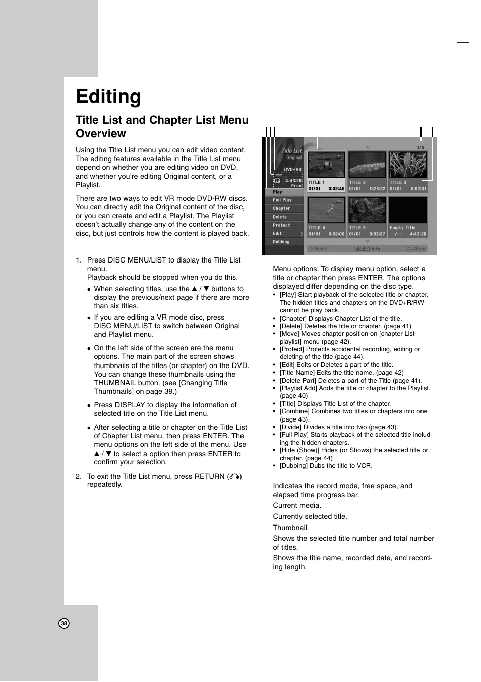 Editing, Title list and chapter list menu overview | Maxell ZRY-316 User Manual | Page 38 / 56