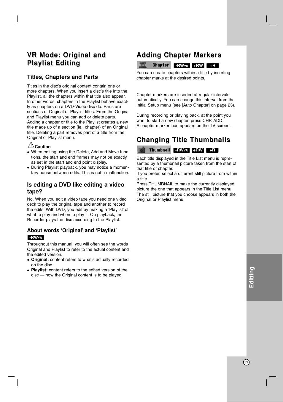 Vr mode: original and, Adding chapter markers, Changing t | Changing t itle thumbnails itle thumbnails | Maxell ZRY-316 User Manual | Page 39 / 56