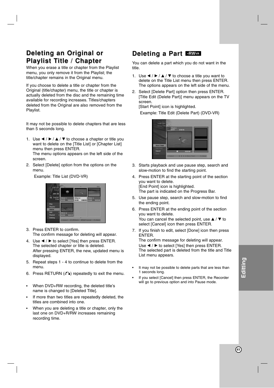 Deleting an original or, Deleting a part, Editting | Maxell ZRY-316 User Manual | Page 41 / 56