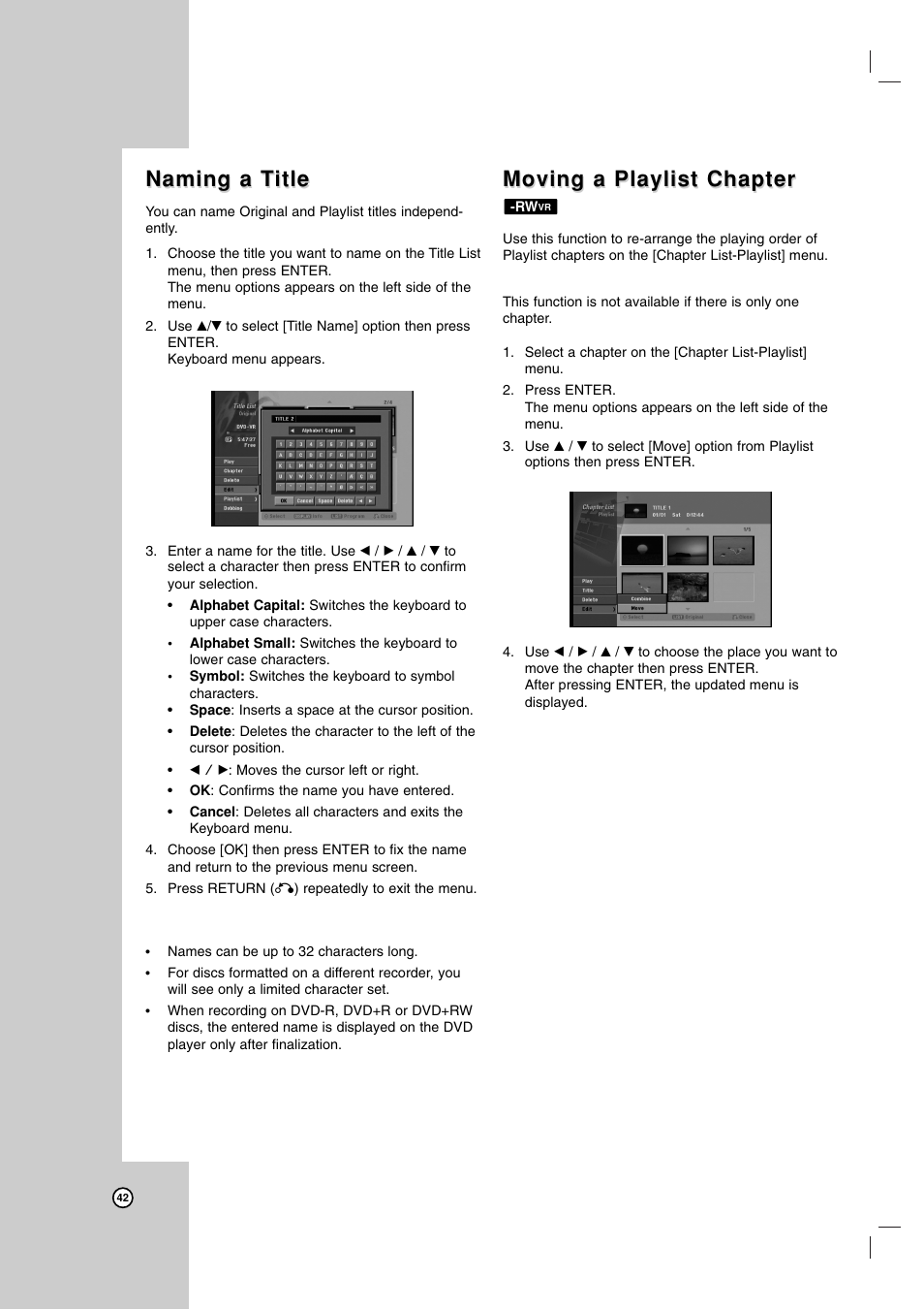 Naming a t, Naming a t itle itle, Moving a playlist chapter | Maxell ZRY-316 User Manual | Page 42 / 56
