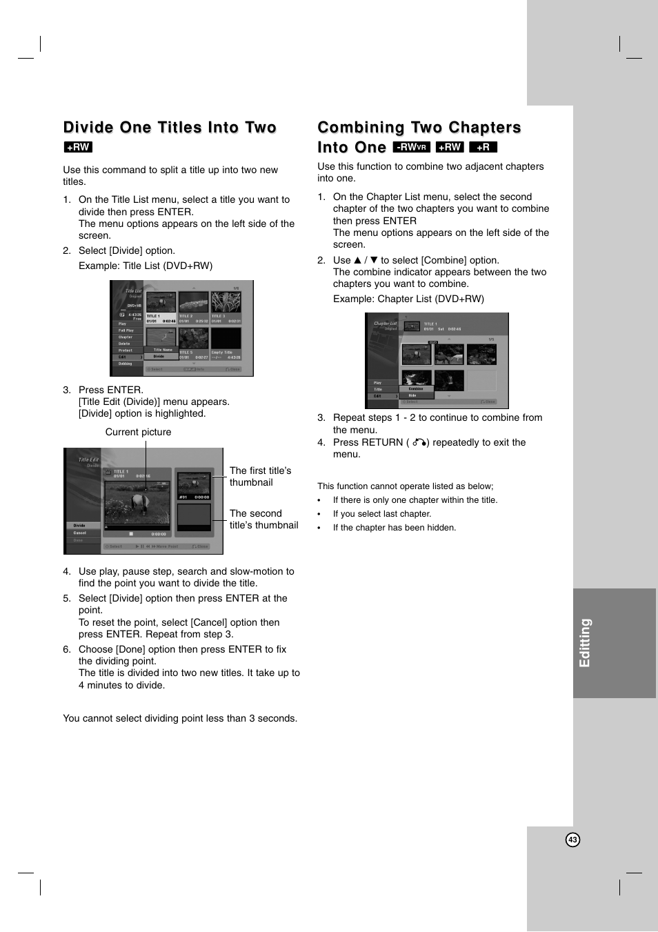 Divide one t, Divide one t itles into t itles into t wo wo, Combining t | Editting | Maxell ZRY-316 User Manual | Page 43 / 56