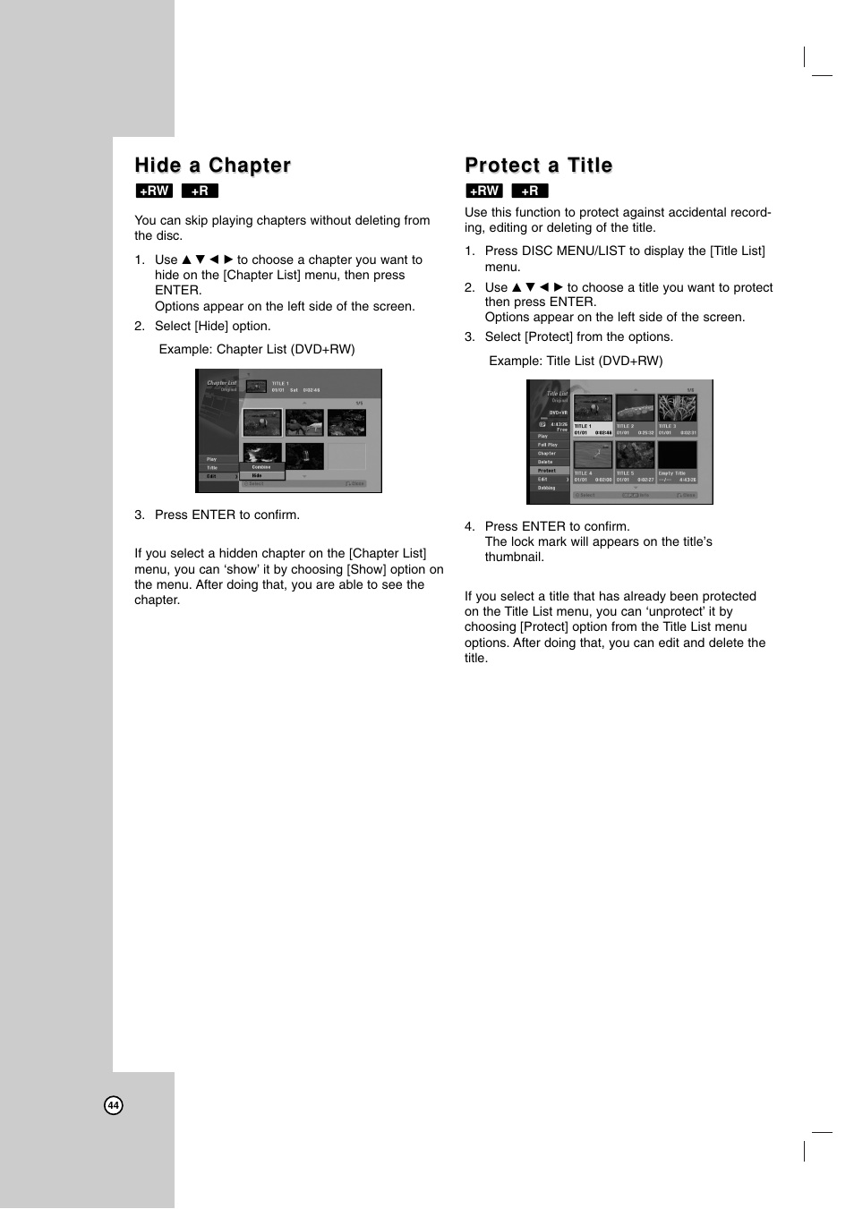 Hide a chapter, Protect a t, Protect a t itle itle | Maxell ZRY-316 User Manual | Page 44 / 56