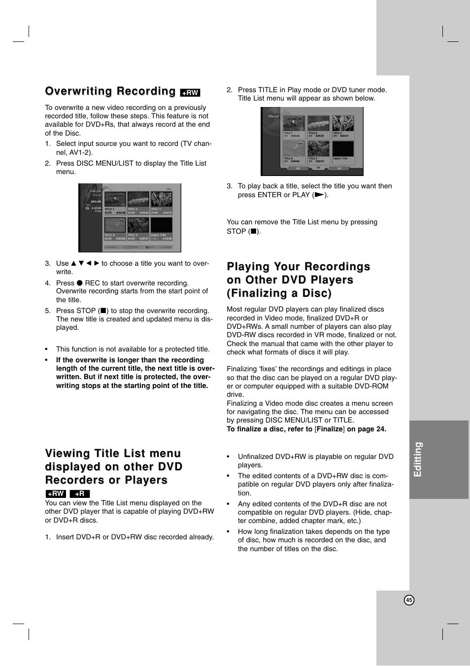 Overwriting recording, Playing | Maxell ZRY-316 User Manual | Page 45 / 56