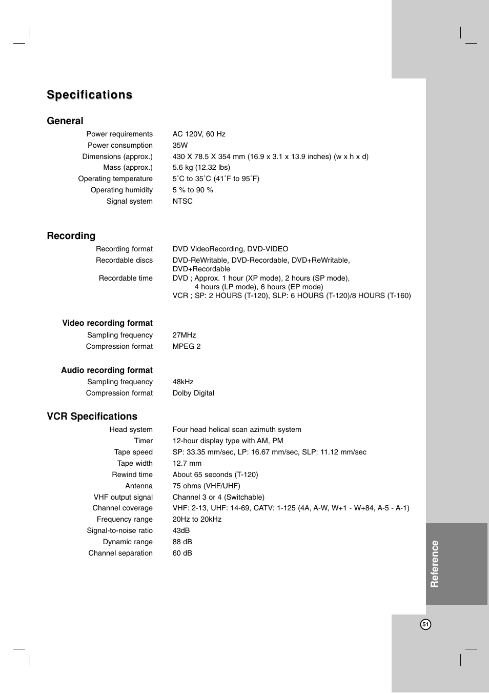 Specifications, Reference general, Recording | Vcr specifications | Maxell ZRY-316 User Manual | Page 51 / 56