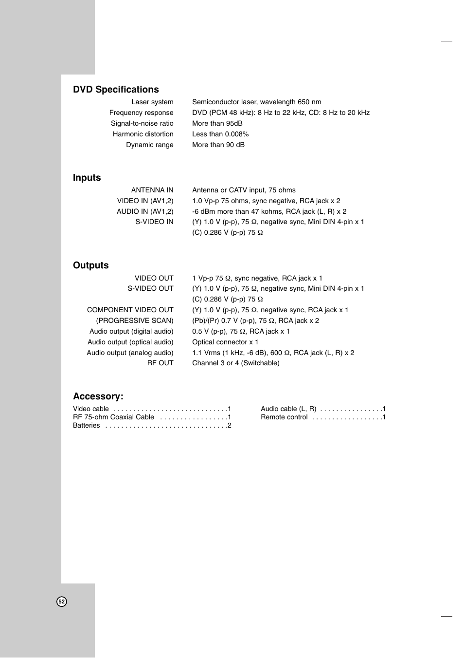 Dvd specifications, Inputs, Outputs | Accessory | Maxell ZRY-316 User Manual | Page 52 / 56