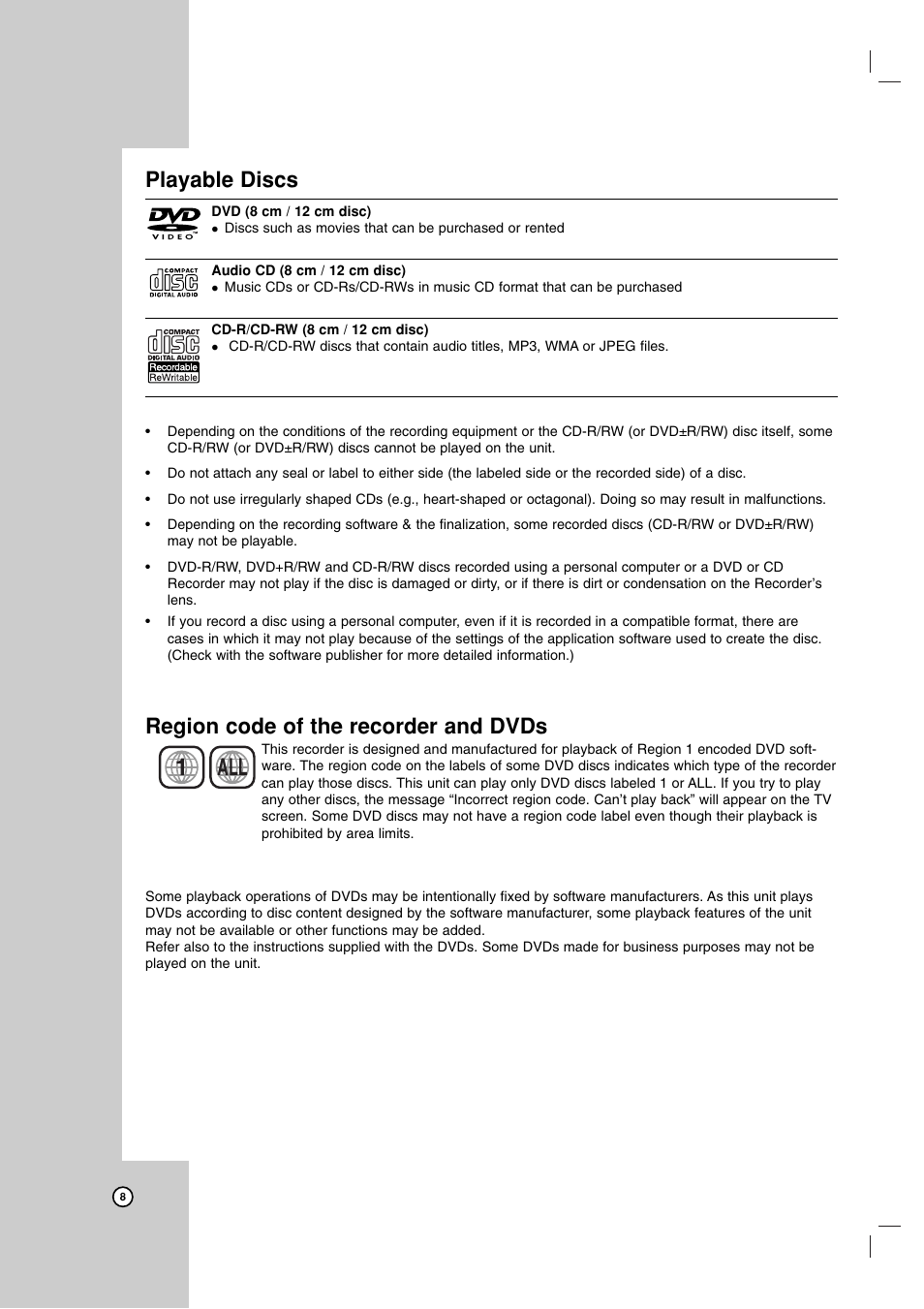 1all, Playable discs, Region code of the recorder and dvds | Maxell ZRY-316 User Manual | Page 8 / 56