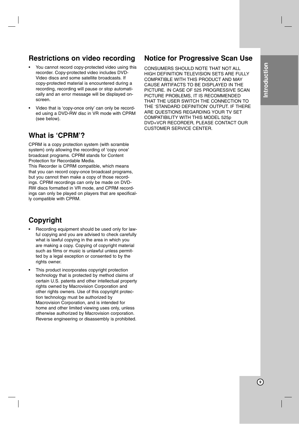 Restrictions on video recording, What is ‘cprm, Copyright | Notice for progressive scan use | Maxell ZRY-316 User Manual | Page 9 / 56