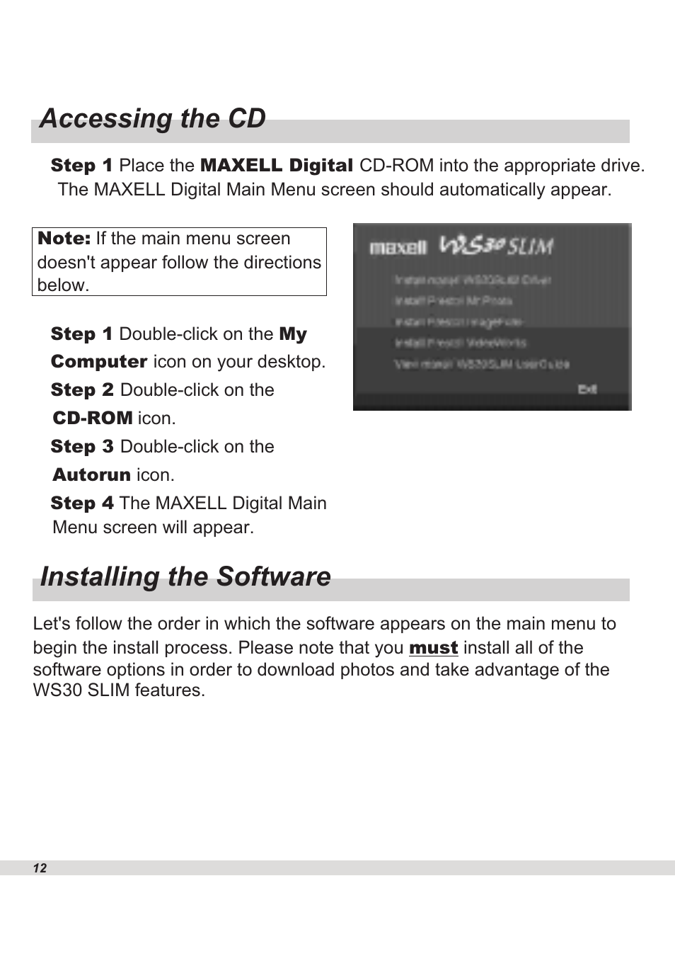 Accessing the cd installing the software | Maxell WS30 User Manual | Page 14 / 40