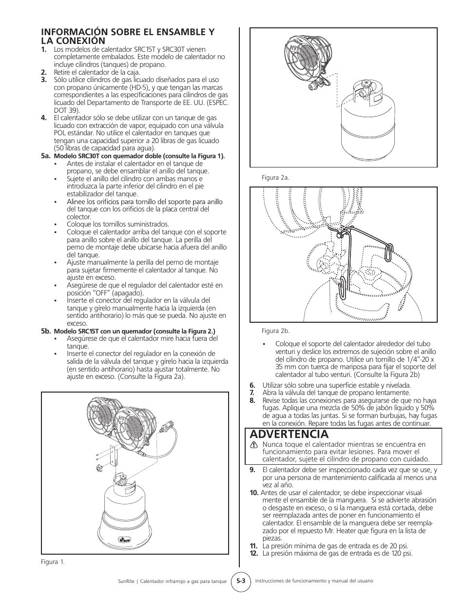 Advertencia, Información sobre el ensamble y la conexión | Mr. Heater SUNRITE SRC30T User Manual | Page 11 / 24