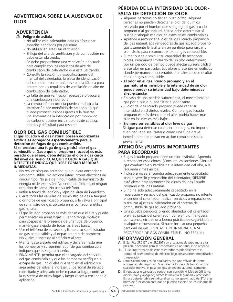 Advertencia sobre la ausencia de olor advertencia, Olor del gas combustible, Atención: ¡puntos importantes para recordar | Información general | Mr. Heater SUNRITE SRC30T User Manual | Page 12 / 24