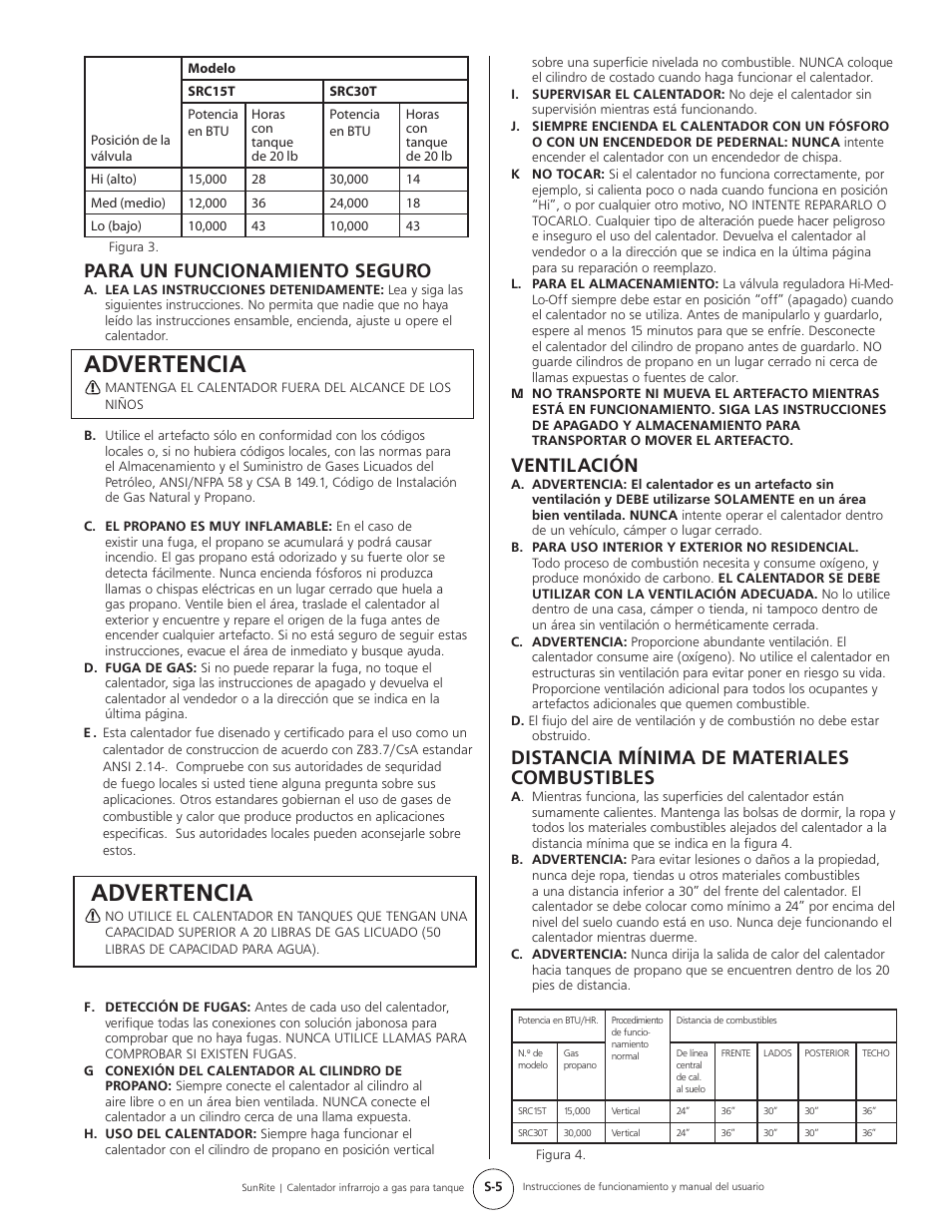 Advertencia, Para un funcionamiento seguro, Ventilación | Distancia mínima de materiales combustibles | Mr. Heater SUNRITE SRC30T User Manual | Page 13 / 24