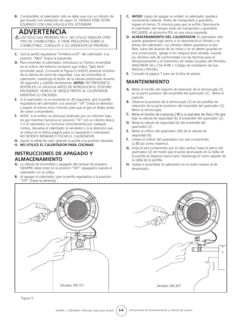 Advertencia, Instrucciones de apagado y almacenamiento, Mantenimiento | Mr. Heater SUNRITE SRC30T User Manual | Page 14 / 24