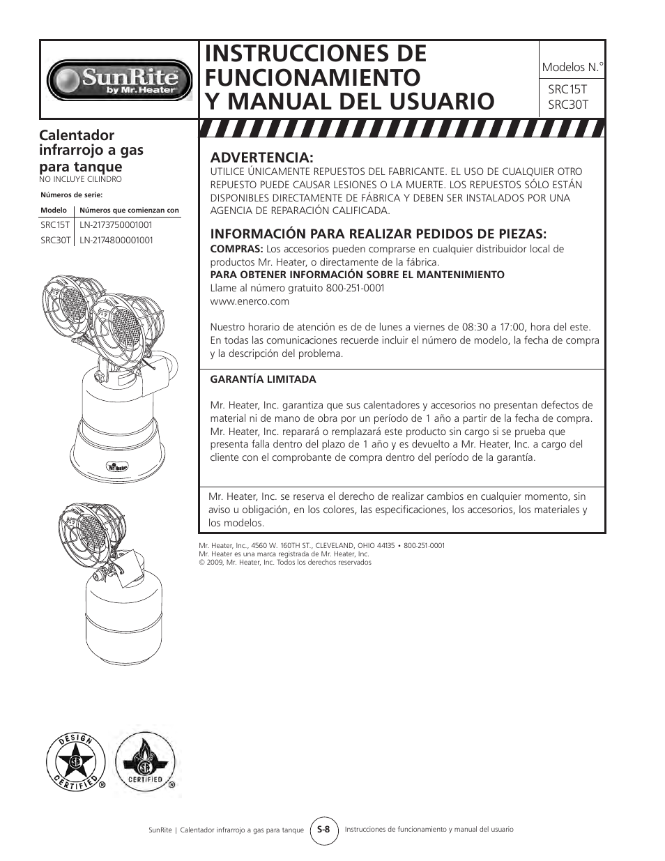 Advertencia, Calentador infrarrojo a gas para tanque | Mr. Heater SUNRITE SRC30T User Manual | Page 16 / 24