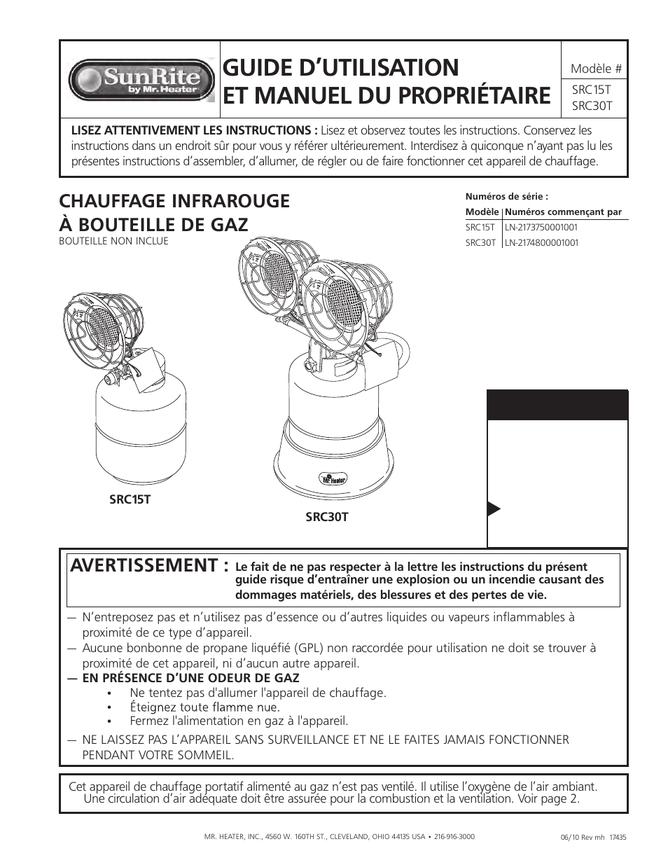 Guide d’utilisation et manuel du propriétaire, Chauffage infrarouge à bouteille de gaz, Avertissement | Mr. Heater SUNRITE SRC30T User Manual | Page 17 / 24