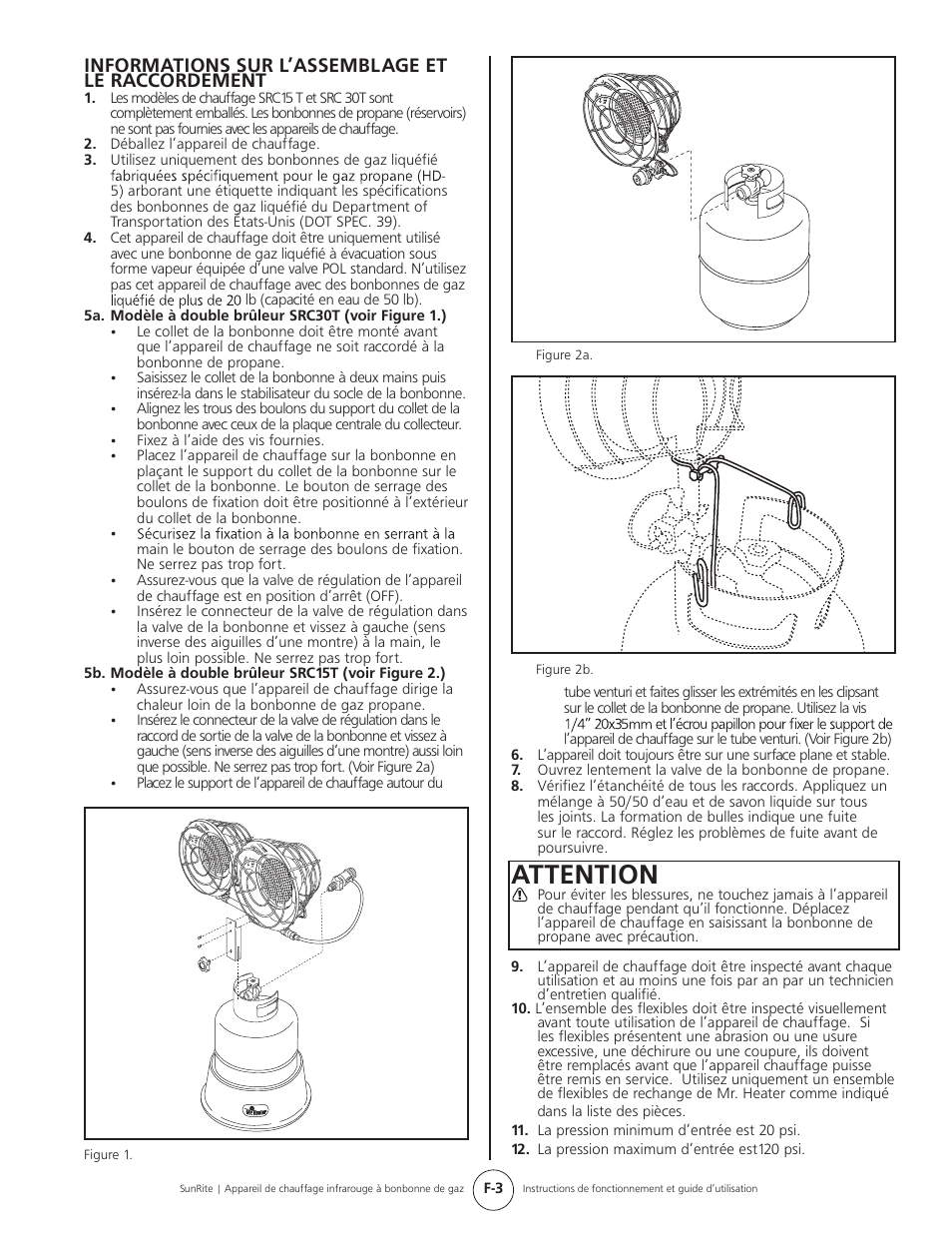 Attention, Informations sur l’assemblage et le raccordement | Mr. Heater SUNRITE SRC30T User Manual | Page 19 / 24