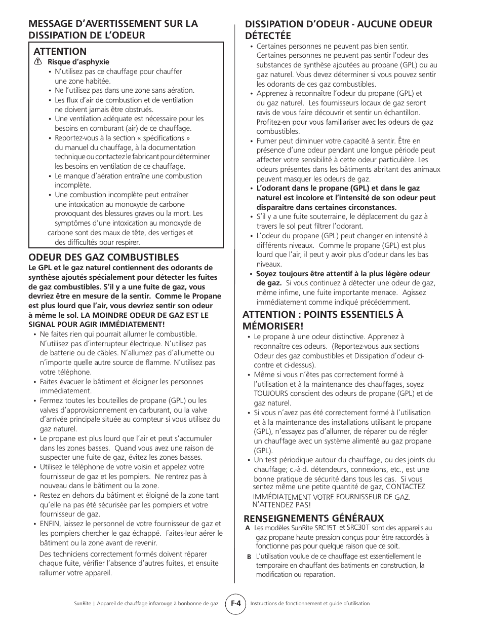 Odeur des gaz combustibles, Dissipation d’odeur - aucune odeur détectée, Attention : points essentiels à mémoriser | Renseignements généraux | Mr. Heater SUNRITE SRC30T User Manual | Page 20 / 24