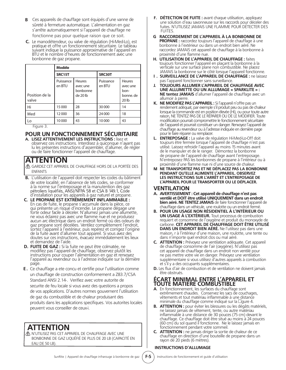 Attention, Pour un fonctionnement sécuritaire, Ventilation | Mr. Heater SUNRITE SRC30T User Manual | Page 21 / 24