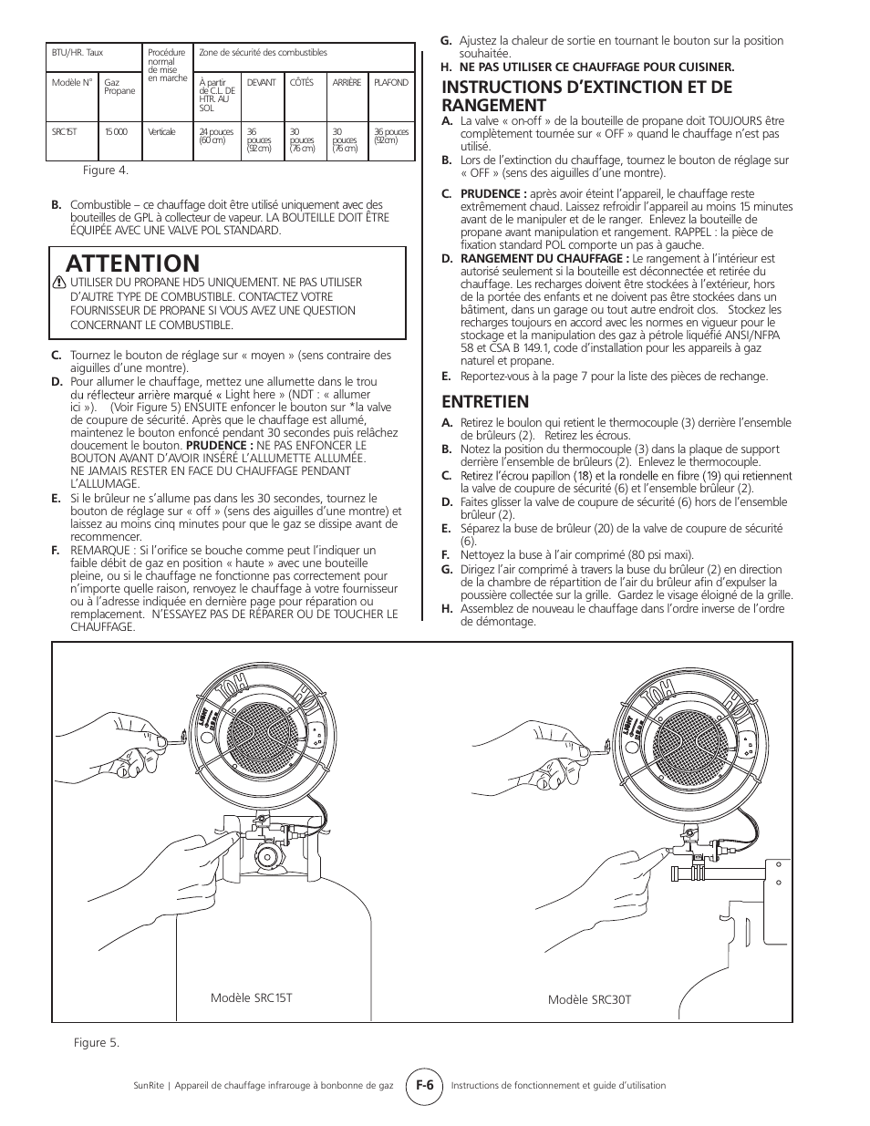 Attention, Instructions d’extinction et de rangement, Entretien | Mr. Heater SUNRITE SRC30T User Manual | Page 22 / 24