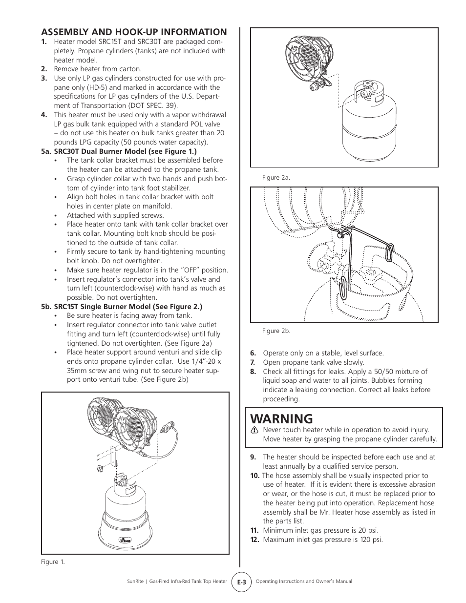 Warning, Assembly and hook-up information | Mr. Heater SUNRITE SRC30T User Manual | Page 3 / 24